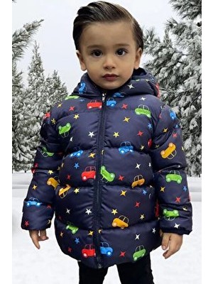 Erkek Çocuk Polarlı Kapüşonlu Araba Yıldız Ay Desenli Kışlık Şişme Mont & Kaban & Parka