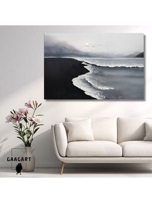 Tekli Yatay Kanvas Yağlı Boya Görünümlü Gri Siyah Beyaz Deniz Manzarası