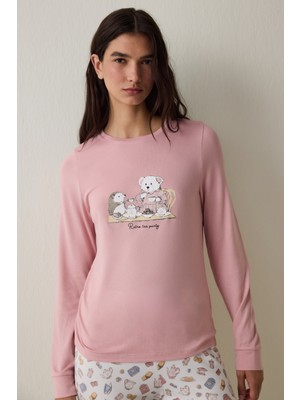 Penti Pembe Tea Party İçecek Desenli  Uzun Kollu Termal Etkili Pijama Üstü
