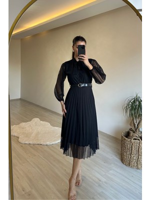 Kadın Dantelli Piliseli Yaka Bağlamalı Midi Elbise NM012