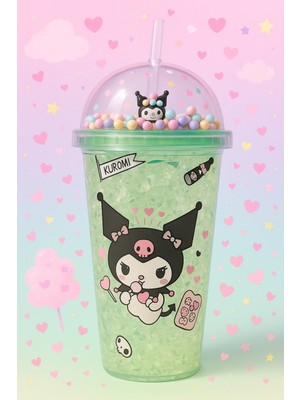 Çocuklar Için Sevimli Renkli Boncuklu Kuromi Tasarımlı Pipetli Içecek Bardağı Suluk Yeşil 2647