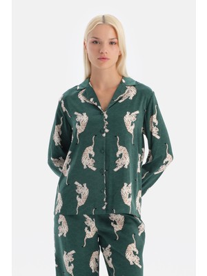 Koyu Yeşil Leopar Desenli Saten Gömlek