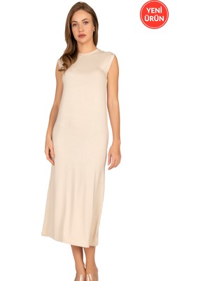 Özkan 27670 Kadın Viskon Premium Kumaş Uzun Boy Kapalı Yaka Tesettür Astar Kombinezon Sıfır Kol Elbise Jüpon