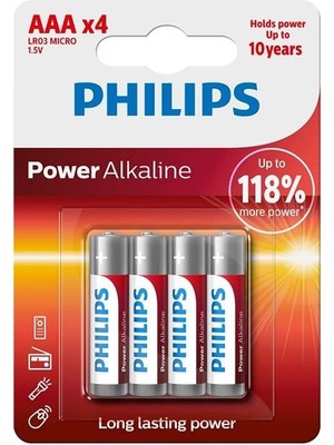 Zemheri Philips Power Alkaline Aaa LR03 1.5V Ince Kalem Pil 4'lü Paket (LR03P4B/10)