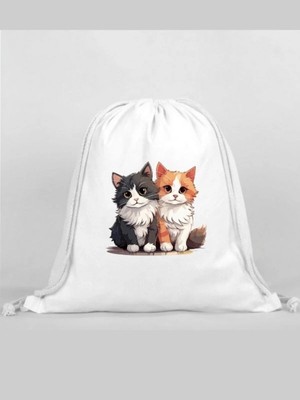 Kedi Baskılı Sırt Çantası - Ip Büzgülü Spor Çanta