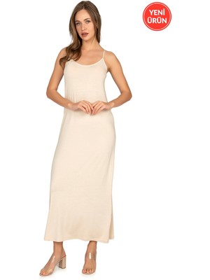 Özkan 27669 Kadın Viskon Premium Kumaş Uzun Boy Ip Askılı Kombinezon Astar Elbise Jüpon