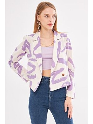 Kadın Lila Kruvaze Yaka Desenli Crop Ceket ARM-24Y001058