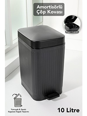 Meleni Home 10 Lt Siyah Pedallı Plastik Çöp Kovası Amortisörlü Yavaş Kapanır Kapak