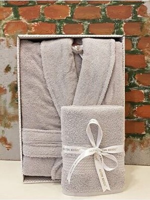 Özdilek Trendy Şalyaka Bornoz + Baş Havlusu Seti XL Cepsiz Pamuk Materyal Düz Desen Açık Gri