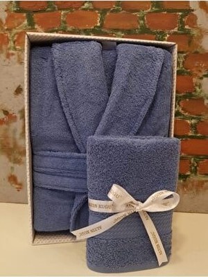 Trendy Şalyaka Bornoz + Baş Havlusu- Koyu Mavi