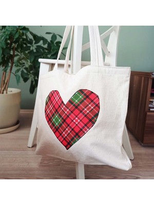 Ekose Desen Kalp Bez Çanta