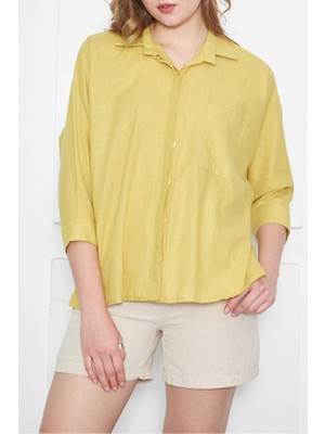 Kadın Neon Yeşil Cepli Salaş Keten Gömlek ARM-21Y001035