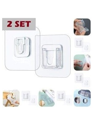 Çift Taraflı Yapışkanlı Geçmeli Klips Eşya Sabitleme Askısı Şeffaf Duvar Kancası 2 Li Set