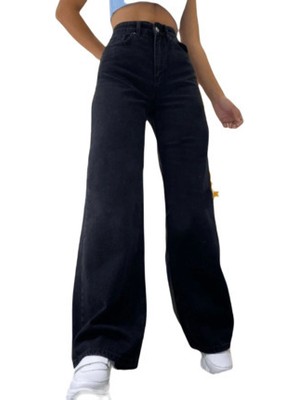 Siyah Wide Leg Etkili Fermuarlı Süper Yüksek Bel Jeans Salaş Kot Pantolon ( Solmaz Kumaş)