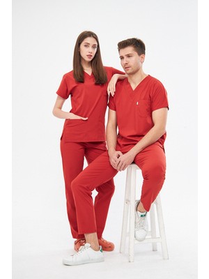 Kiremit Likralı Unisex Yarasa Kol Doktor ve Hemşire Forması Scrubs Cerrahi Takım