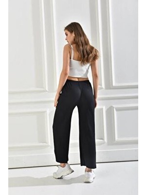 Kadın Ribana Kumaş Fitilli Pantolon Siyah