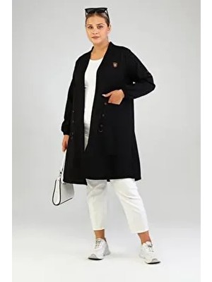 FERACE Kadın Ottoman Cepli Düz Desenli Kalın Viskon Hırka Uzun Kol Siyah Renk