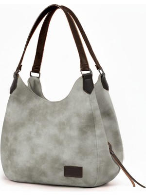 Cappadocia Vintage Myra Kadın Sisli Beyaz Pu Deri Günlük Omuz Çantası Üç Bölmeli Hobo Tote El Çantası