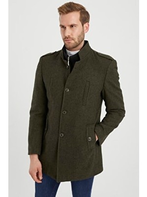 Dynamo Haki Yün Karışımlı Dik Yaka Kaşe Kaban Kadın Slim Fit Uzun Kol Casual Stil