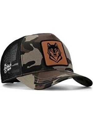 V1 Kurt Logolu Kamuflaj-Siyah Trucker Şapka