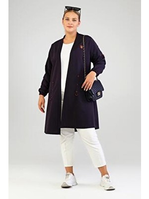 FERACE Kadin Ottoman Cepli Düz Desenli Hırka 6XL Kalın Viskon Uzun Kol Lacivert Renk