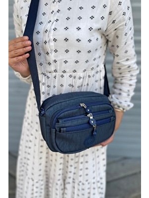 Purpleart Kadın Krinkıl Çapraz Askılı Omuz Çantası Lacivert Düz Desenli