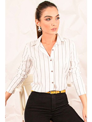 Kadın Beyaz Uzun Kol Çizgili Gömlek ARM-20K001026