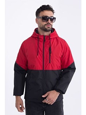 Erkek Kırmızı - Siyah Iki Renk Astarlı Kapüşonlu Cepli Yağmurluk-Rüzgarlık