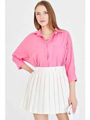 Armonika Kadın Fuşya Oversize Salaş Keten Gömlek Uzun Kol Gömlek Yaka Cepli ARM-21Y001035