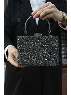 Kadın Antrasit Taşlı Abiye Clutch Portföy Çanta