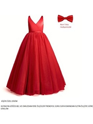 Kız Çocuk Kırmızı Anvelop Abiye Elbise Doğum Günü İçin Kişiye Özel Dikim Slim Fit Stil