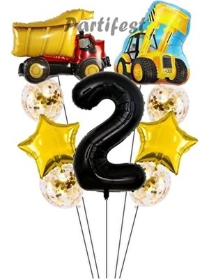 Kamyon Dozer Kepçe Inşaat 2 Yaş Balon Set Yıldız Balon Set Kamyon Inşaat Konsept Doğum Günü Set