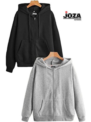 Kadın Erkek Sevgili Çift Kombini 3 Iplik Fermuarlı Kapüşonlu Sweatshirt Polar Ceket 2'li Takım