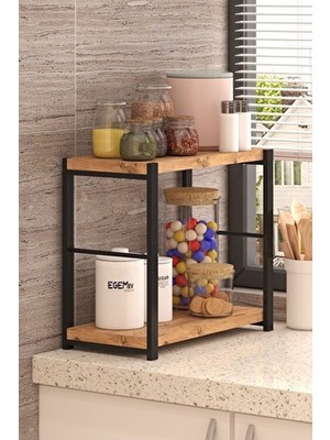 Mutfak Tezgah Üstü Baharatlık Kavanozluk 2 Yüksek Raflı Banyo Rafı Mutfak Düzenleyici Çam