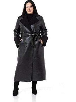 Büyük Beden Kol Ağzı ve Içi Kürklü Uzun Deri Siyah Palto