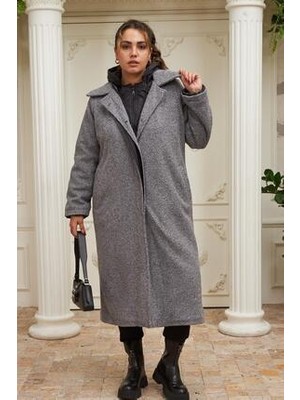 Içi Kapitone Büyük Beden Kapşonlu Füme Kaban