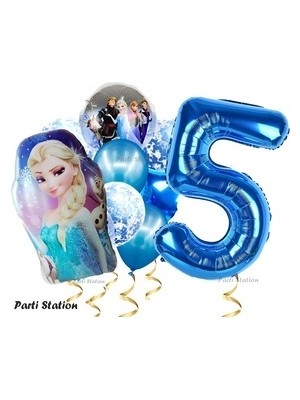 Parti Station Frozen Elsa 5 Yaş Mavi Balon Seti Karlar Ülkesi Konsept Doğum Günü Helyum Balon Buketi