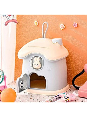 Ev Şeklinde Anahtarlı Sevimli Tavşan Kumbara Mavi 18,5X20 cm