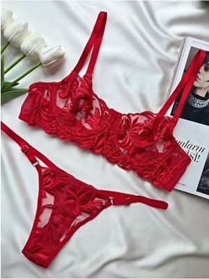 La Linaa Mona Kadın Kırmızı Bralet Takım Çiçek Desenli Balen Özellikli Şık İç Giyim Seti