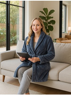 Yumuşak Dokulu Mavi Polar Sabahlık , Diz Üstü