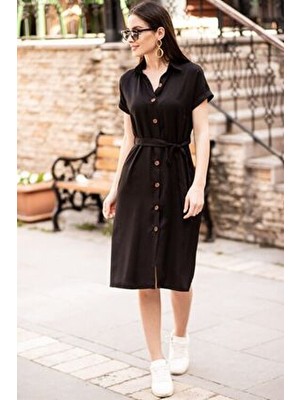 Armonika Kadın Siyah Kısa Kol Gömlek Elbise Günlük Stil Kemerli Silüet Yılbaşı ARM-19Y001068