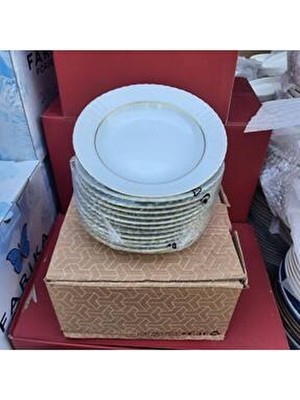 Kütahya Porselen 12 Adet 19 cm Altın Yaldızlı Porselen Çukur Tabak Yuvarlak Desenli
