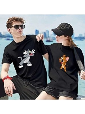 Tom ve Jerry Tasarım Sevgili Çift Kombini Beyaz Oversize Tshirt 2'li Set