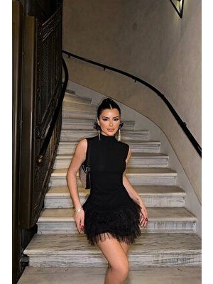 Siyah Sıfır Kol Tül Detay Elbise ATE-0888