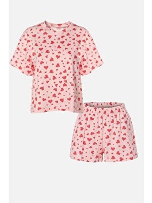 Koza İç Giyim Kadın Kırmızı Kalpli Kısa Kollu Pamuklu Pijama Takımı Basic Desenli Şortlu Rahat Kullanım