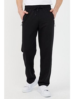 Siyah Erkek Fermuar Cep Nakış Detaylı Düz Paça Rahat Kesim Premium Kumaş Eşofman Altı