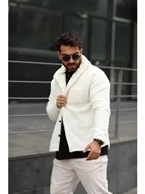 SR Tekstil Pelüş Ceket Unisex Normal Kalıp Uzun Kol Cep Detaylı Beyaz Örme Kumaş Casual Stil