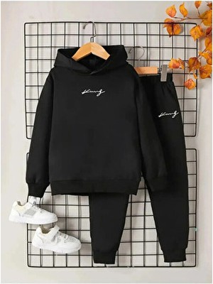 Sinser Teks Baskılı Erkek/kız Çocuk Eşofman Takımı Uzun Kol Kapüşonlu Siyah Günlük Stil 6 Yaş