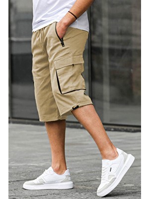 Madmext Bej Kargo Cep Erkek Kapri Şort Düz Desenli Lastikli Rahat Kesim Yazlık