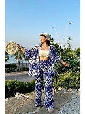 İpli Mavi Renk Moda Desenli Ikili Kimono Takım Kadın İçin Tüm Sezonlarda Rahat Kullanım